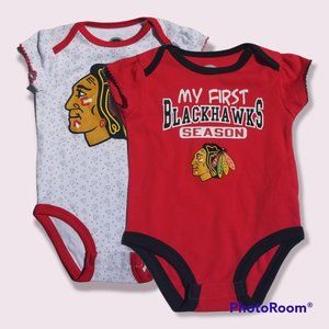NWT NHL Chicago Blackhawks Onesie Set 6/9 Months White Red Black Cotton Tagless